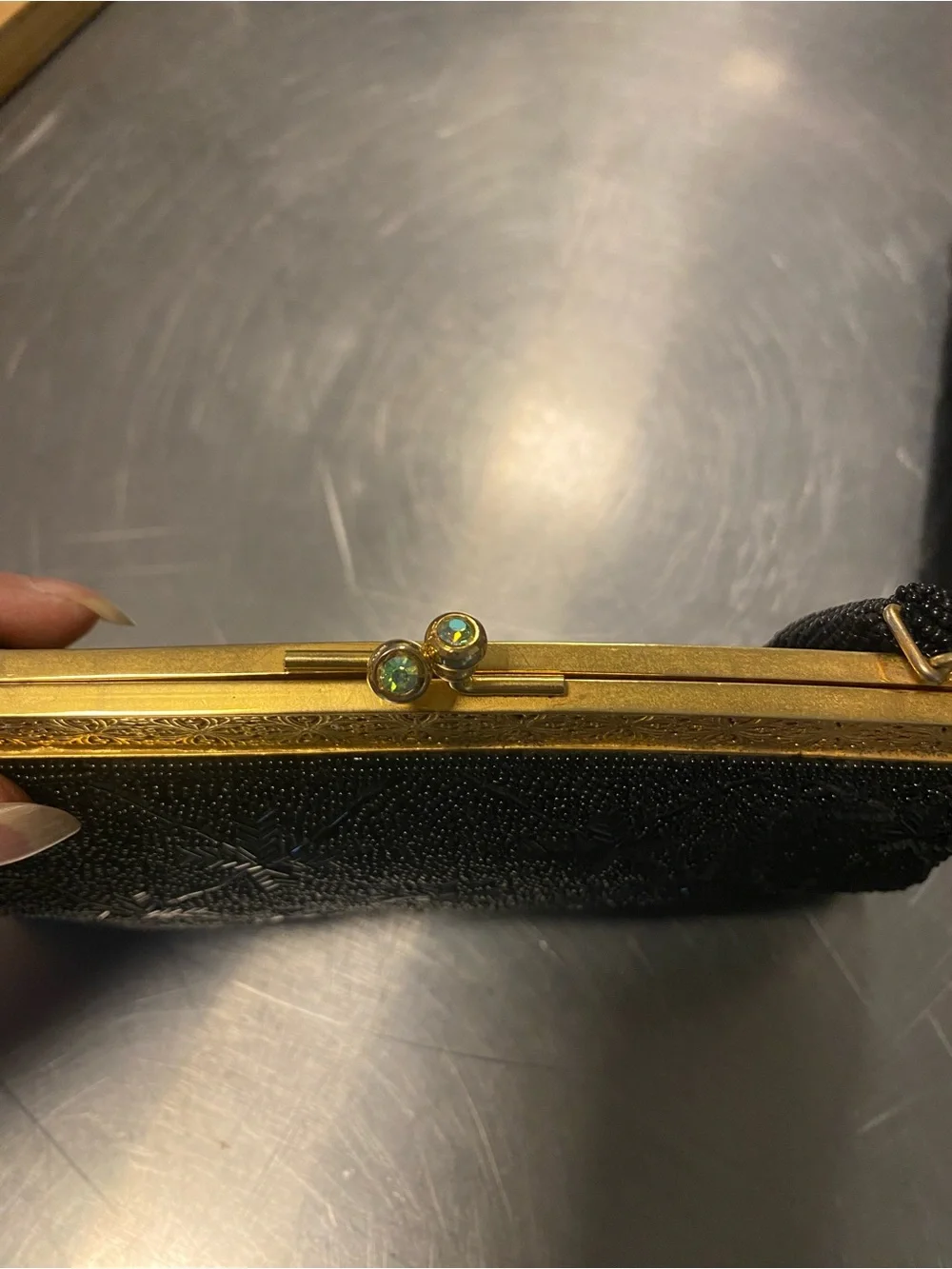 Vintage-Inspired Black Beaded Evening Bag with Gold Frame